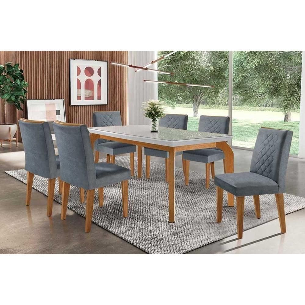 Conjunto Mesa Sala Jantar Londrina Tampo Madeirado Com Vidro 180x90cm E 6 Cadeiras Jade Imbuia Grafite Rufato