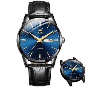 Relógio OLEVS Black Faux-Leather Band Quartz para homens, resistente à água