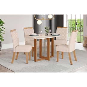 Conjunto Mesa Sala Jantar Natalí Com Tampo Madeirado Com Vidro Curvo 120x80cm E 4 Cadeiras Bella Nature Linho Henn