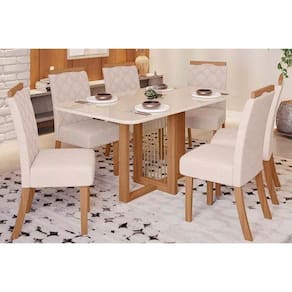 Conjunto Mesa De Cozinha Natali Com Tampo Madeirado Com Vidro Curvo 160x90cm E 6 Cadeiras Bella Nature Linho Henn