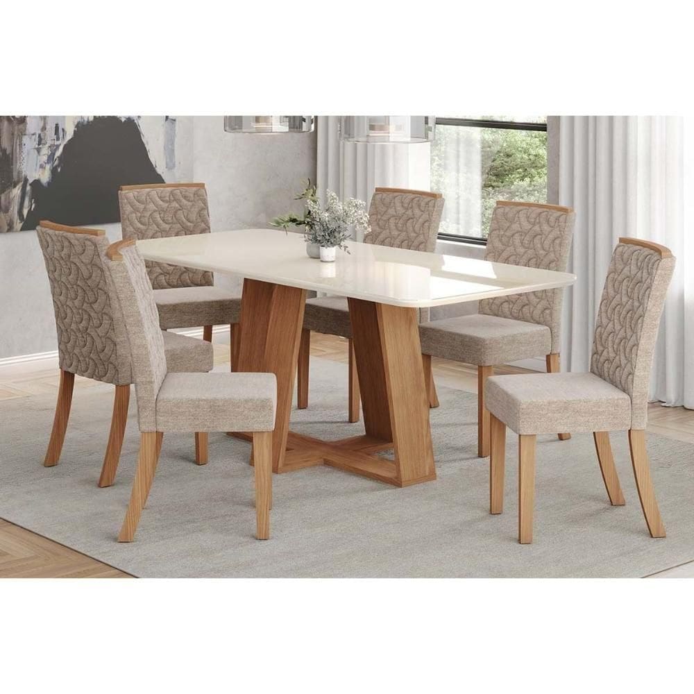 Conjunto Mesa Sala Jantar Lins Com Tampo Madeirado Com Vidro Curvo 200x90cm E 6 Cadeiras Esther Nature Linho Creme Henn