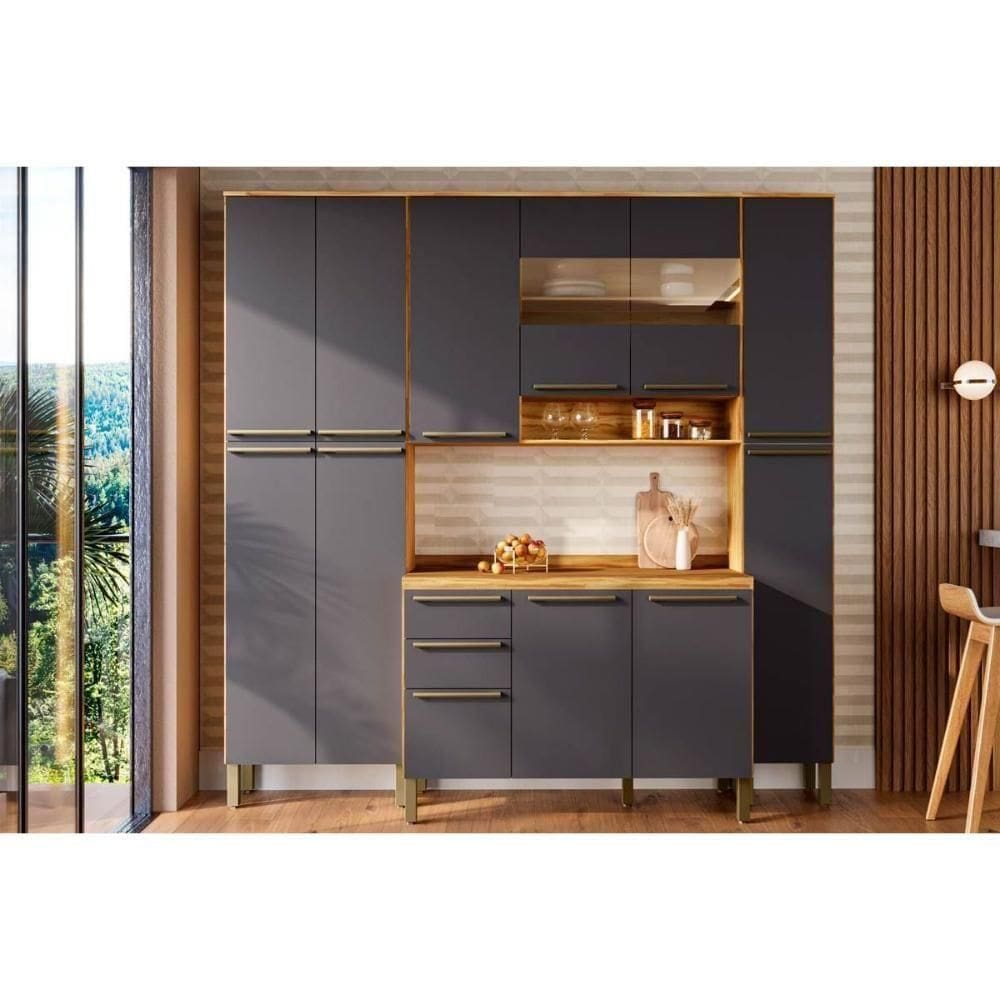 Kit Cozinha Modulada 4 Peças Nápoli 1 Aéreo + Balcão + 2 Paneleiros C4p95 Amendoa Grafite Ronipa