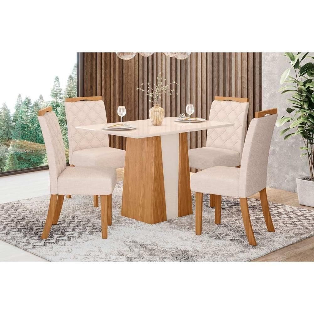 Conjunto Mesa De Cozinha Orus Com Tampo Madeirado 120x80cm E 4 Cadeiras Bella Nature Off White Linho Bege Henn