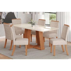 Conjunto Mesa De Cozinha Lins Com Tampo Madeirado Com Vidro Curvo 200x90cm E 6 Cadeiras Malu Nature Linho Henn