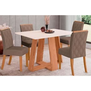 Conjunto Mesa Sala Jantar Lins Com Tampo Madeirado 120x80cm E 4 Cadeiras Vita Nature Off White Suede Marrom Henn