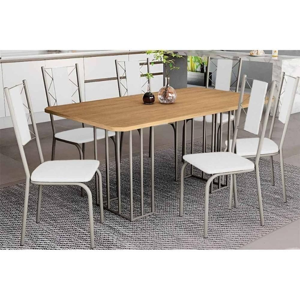 Sala De Jantar Duina Com Tampo De Madeira 160cm E 6 Cadeiras Lisboa Niquel Freijó Courano Branco