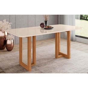 Mesa Para Cozinha Yara Sc81 Com Tampo Madeirado Com Vidro Curvo 180x90cm Nature Off White Henn