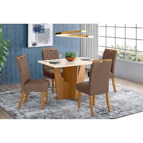 Conjunto Mesa De Cozinha Vértice Tampo Madeirado Com Vidro Canto Reto 120x80cm E 4 Cadeiras Bella Nature Amêndoa Henn