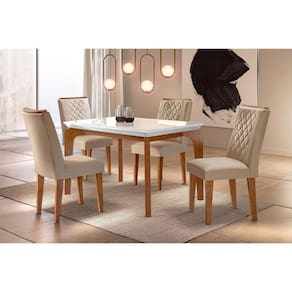 Conjunto Mesa De Cozinha Londrina Tampo Madeirado Com Vidro 120x80cm E 4 Cadeiras Jade Capuccino Suede Creme Rufato