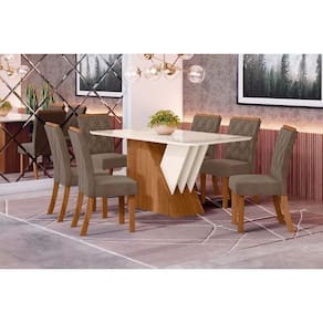 Conjunto Mesa De Cozinha Epic Tampo Madeirado Com Vidro 160x90cm E 6 Cadeiras Vita Nature Suede Light Bege Henn
