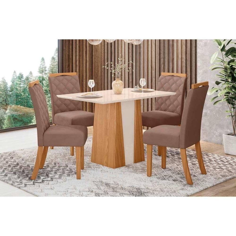 Conjunto Mesa Sala Jantar Orus Com Tampo Madeirado 120x80cm E 4 Cadeiras Bella Nature Off White Suede Marrom Henn