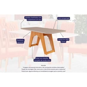 Conjunto Mesa Sala Jantar Carol Tampo Madeirado Com Vidro 180x90cm E 6 Cadeiras Clarice Madeirado Linho Bege Cimol