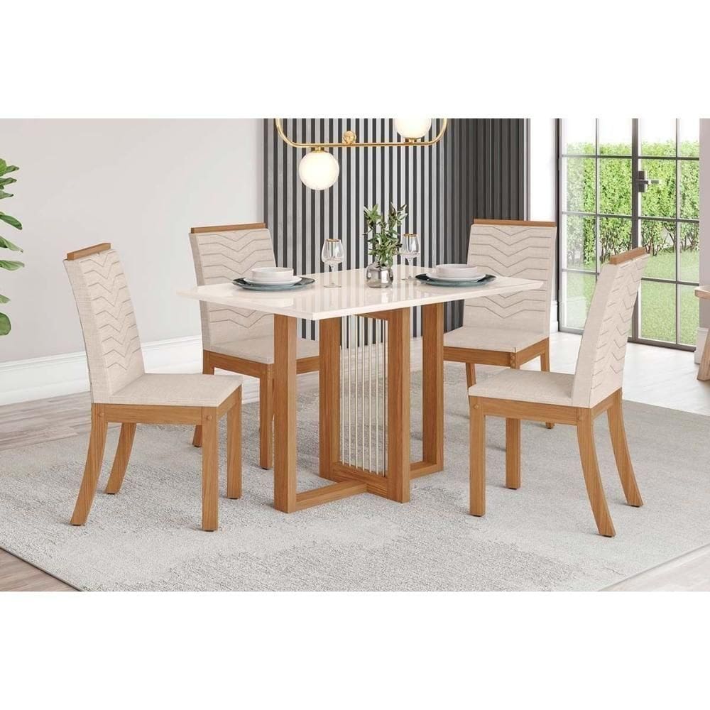 Conjunto Mesa De Cozinha Natalí Com Tampo Madeirado Com Vidro Reto 120x80cm E 4 Cadeiras Isa Nature Linho Henn