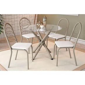 Conjunto Mesa Sala Jantar Volga Com Tampo De Vidro 95cm E 4 Cadeiras Holanda Niquel Branco Kappesberg