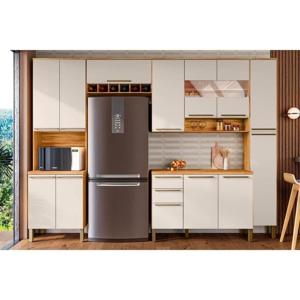 Cozinha Completa 5 Peças Nápoli 2 Aéreos 1 Balcão 1 Paneleiro 1 Torre Quente C5p97 Amendoa Off White Ronipa