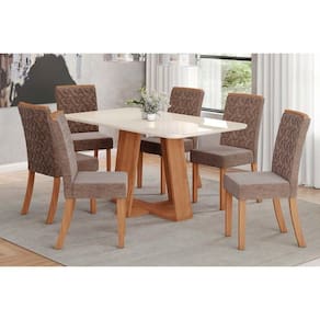 Conjunto Mesa De Cozinha Lins Com Tampo Madeirado Com Vidro Curvo 160x90cm E 6 Cadeiras Esther Nature Linho Cacao Henn