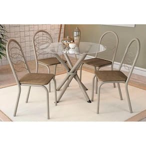 Conjunto Mesa Sala Jantar Volga Com Tampo De Vidro 95cm E 4 Cadeiras Holanda Niquel Capuccino Kappesberg