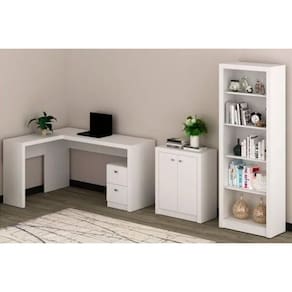 Escritório Completo 1 Mesa De Canto Para Escritório Me4129 + 1 Balcão Me4103 + 1 Estante Me4104 3 Peças Branco Tecno Mobili