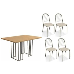 Conjunto Mesa De Cozinha Duina Com Tampo De Madeira 136cm E 4 Cadeiras Noruega Niquel Freijó Courano Bege Kappesberg