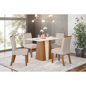 Conjunto Mesa Sala Jantar Orus Com Tampo Madeirado 120x80cm E 4 Cadeiras Vita Nature Off White Linho Bege Henn