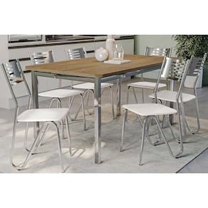 Conjunto Mesa Sala Jantar Reno Com Tampo De Madeira 160cm E 6 Cadeiras Nápoles Cromada Branco 106 Kappesberg