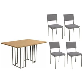 Conjunto Mesa De Cozinha Duina Com Tampo De Madeira 136cm E 4 Cadeiras Zaria Niquel Freijó Suede Cinza Kappesberg