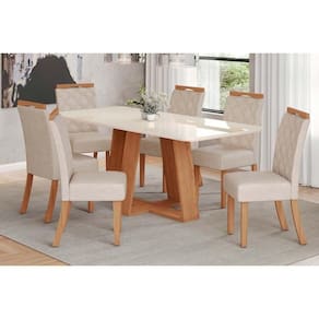 Conjunto Mesa Sala Jantar Lins Com Tampo Madeirado Com Vidro Curvo 200x90cm E 6 Cadeiras Bella Nature Linho Henn
