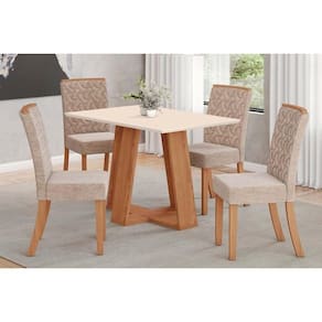 Conjunto Mesa De Cozinha Lins Com Tampo Reto Madeirado 120x80cm E 4 Cadeiras Esther Nature Linho Creme Henn