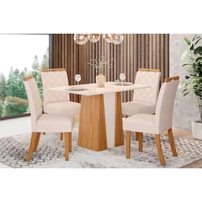 Conjunto Mesa De Cozinha Orus Tampo Madeirado Com Vidro 120x80cm E 4 Cadeiras Bella Nature Linho Henn