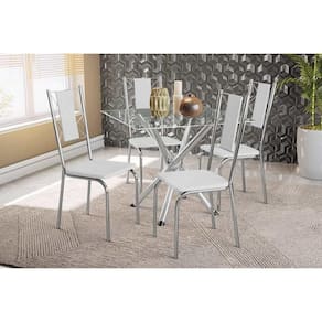 Conjunto Mesa De Cozinha Volga Com Tampo De Vidro 90cm E 4 Cadeiras Lisboa Cromada Courano Branco Kappesberg