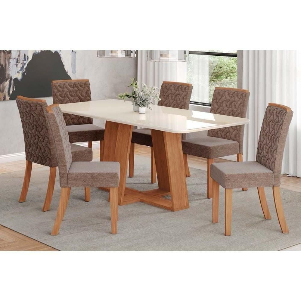 Conjunto Mesa De Cozinha Lins Com Tampo Madeirado Com Vidro Curvo 200x90cm E 6 Cadeiras Esther Nature Linho Cacao Henn