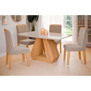 Conjunto Mesa De Cozinha ágata Com Tampo Madeirado Com Vidro 130x80cm E 4 Cadeiras Clarice Madeirado Linho Bege Cimol
