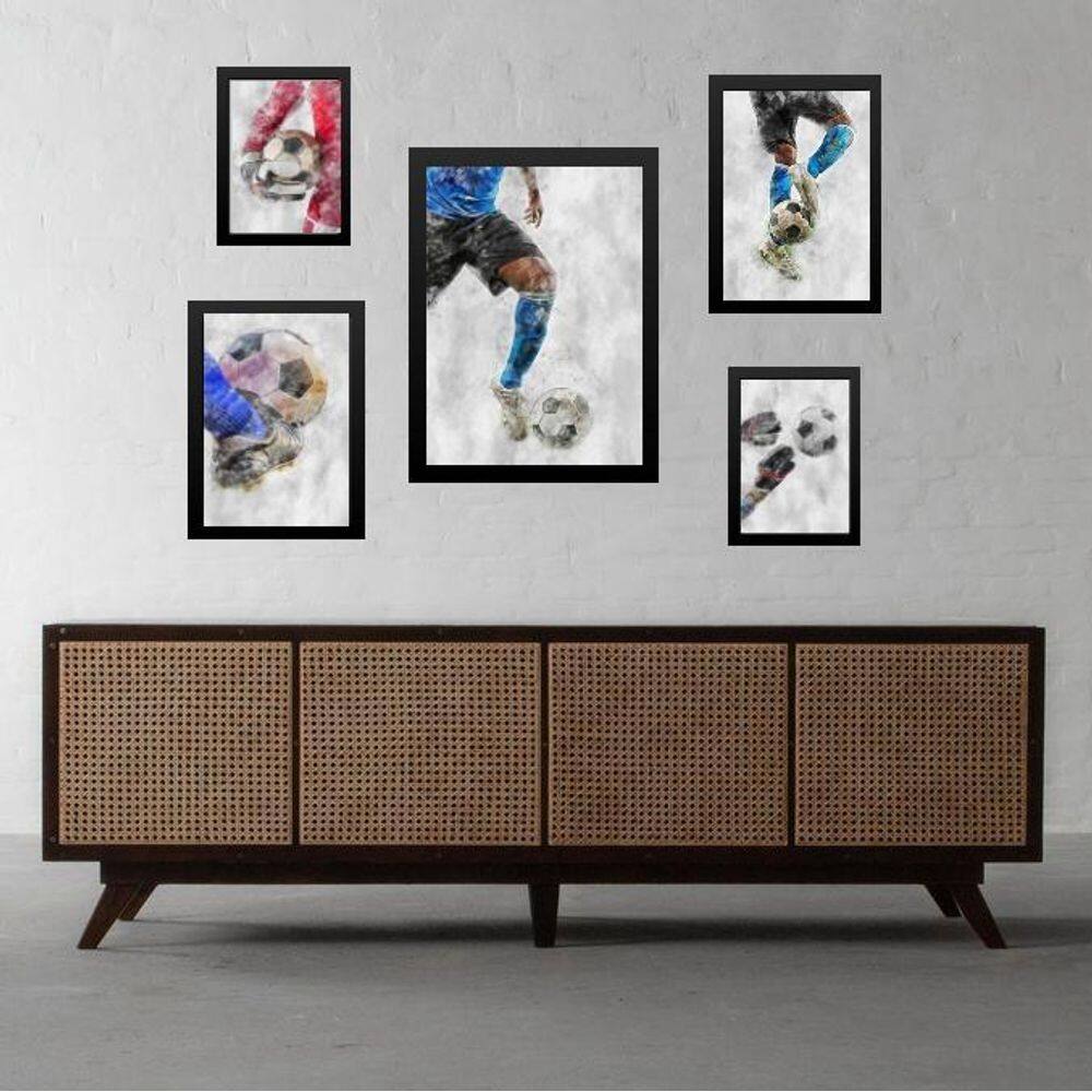 Composição 5 Quadros Aquarela Futebol - Com Vidro