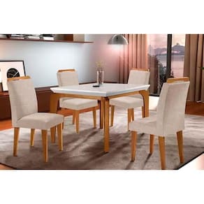 Conjunto Mesa De Cozinha Londrina Tampo Madeirado Com Vidro 120x80cm E 4 Cadeiras Athenas Capuccino Suede Creme Rufato