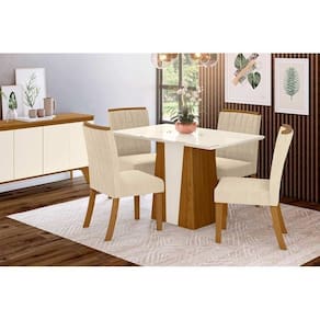 Conjunto Mesa De Cozinha Orus Tampo Madeirado Com Vidro 120x80cm E 4 Cadeiras Tauá Nature Linho Henn