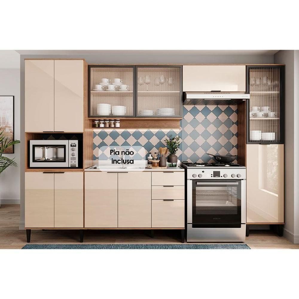 Cozinha Completa 5 Peças Alpha 2 Aéreos 1 Balcão 1 Paneleiro 1 Torre Quente C5p106 Freijó Off White