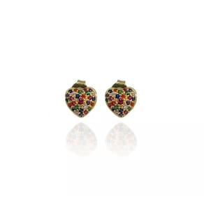 Brinco Pequeno De Coração Com Zircônias Colorido Folheado A Ouro 18k