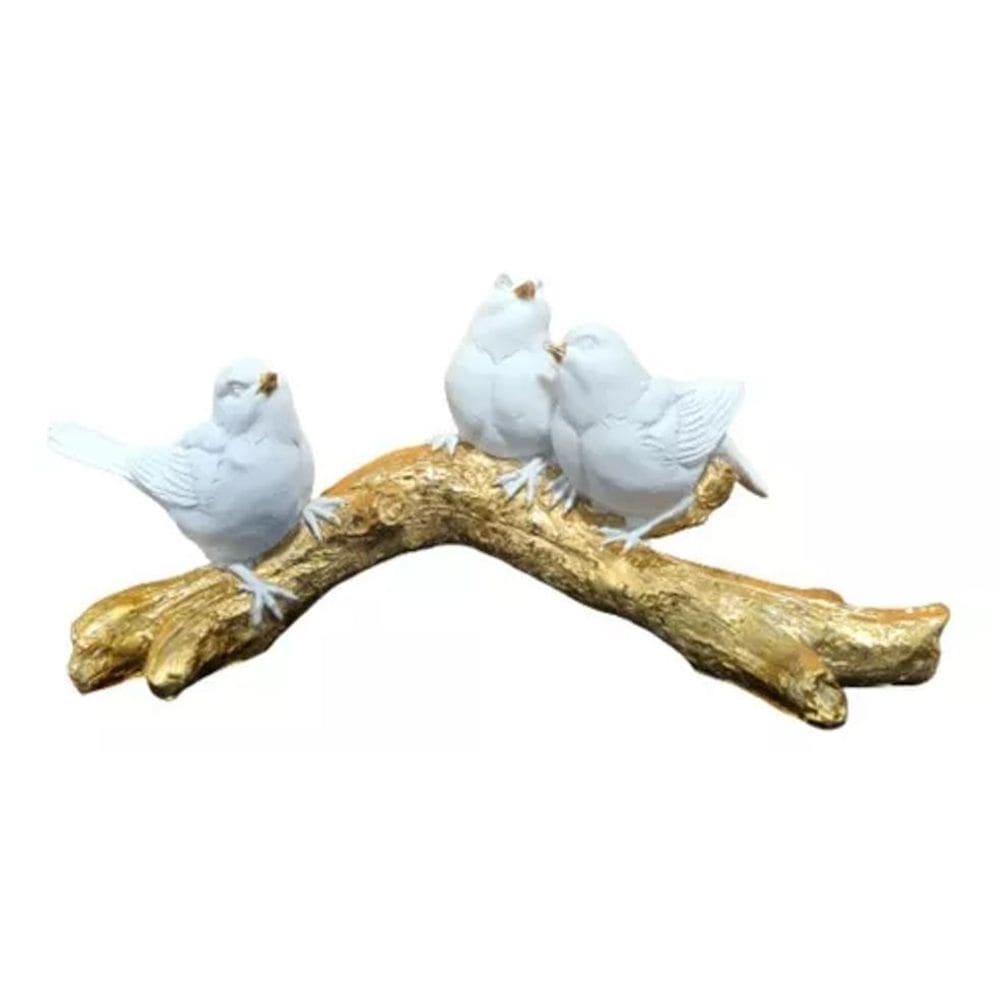 Escultura Decorativa 3 Pássaros Branco Poliresina 23X11