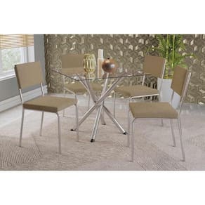 Conjunto Mesa Sala Jantar Volga Com Tampo De Vidro 90cm E 4 Cadeiras Zaria Cromada Boucle Bege Kappesberg