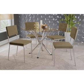 Conjunto Mesa Sala Jantar Volga Com Tampo De Vidro 90cm E 4 Cadeiras Zaria Cromada Suede Bege Kappesberg