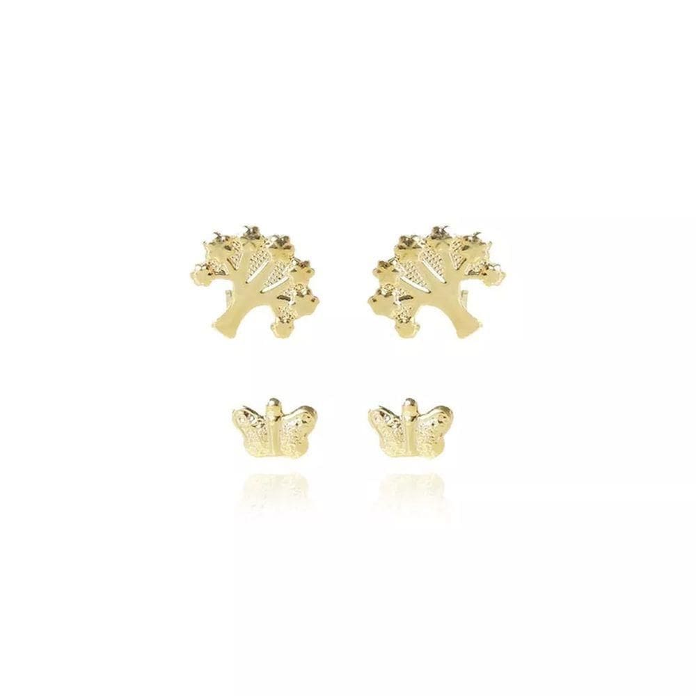 Brinco Duo De Arvore E Borboleta Folheado Em Ouro 18k