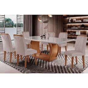 Conjunto Mesa Sala Jantar Jade Tampo Madeirado Com Vidro Curvo 180x90 E 6 Cadeiras Amsterdã Imbuia Suede Creme Rufato