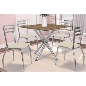 Conjunto Mesa De Cozinha Volga Com Tampo De Madeira 90cm E 4 Cadeiras Portugal Cromado Nogueira Bege Kappesberg