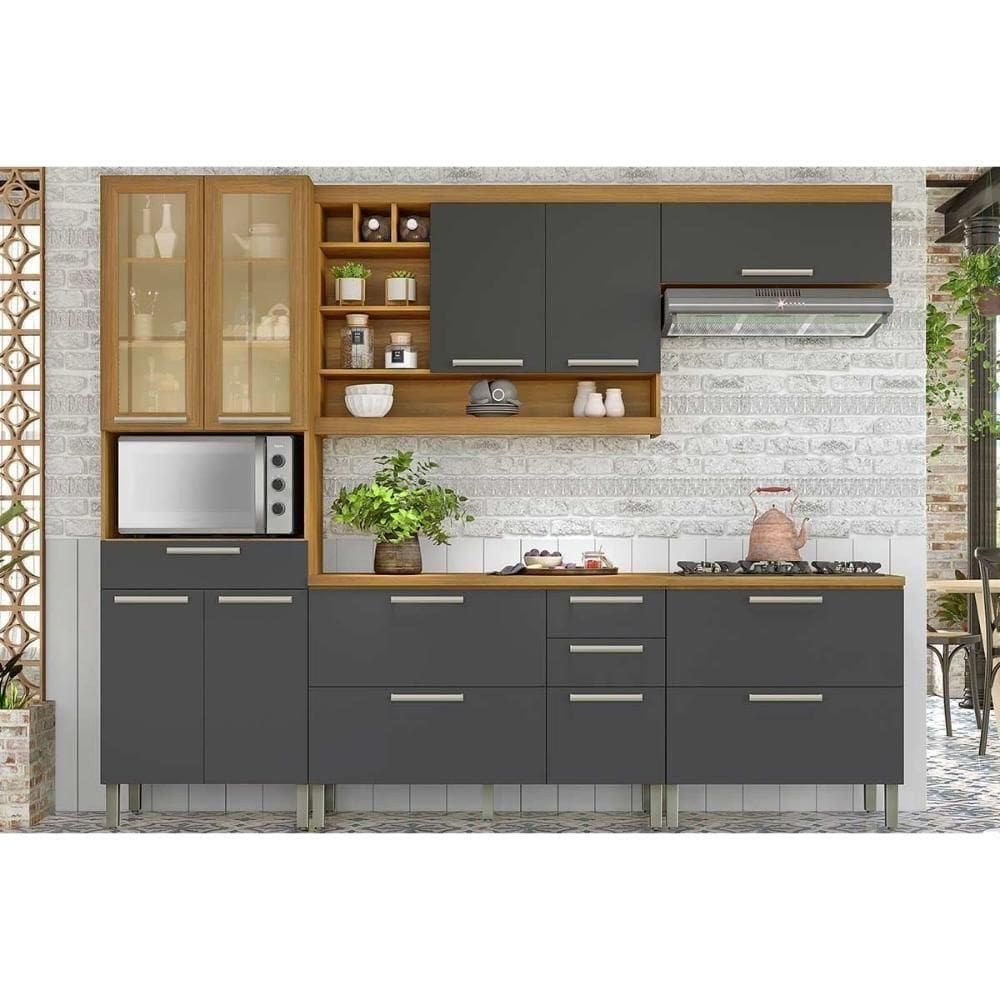 Kit Cozinha Modulada 5 Peças Burguesa Premium 2 Aéreos + 2 Balcões + 1 Paneleiro C6p56 Freijó Grafite