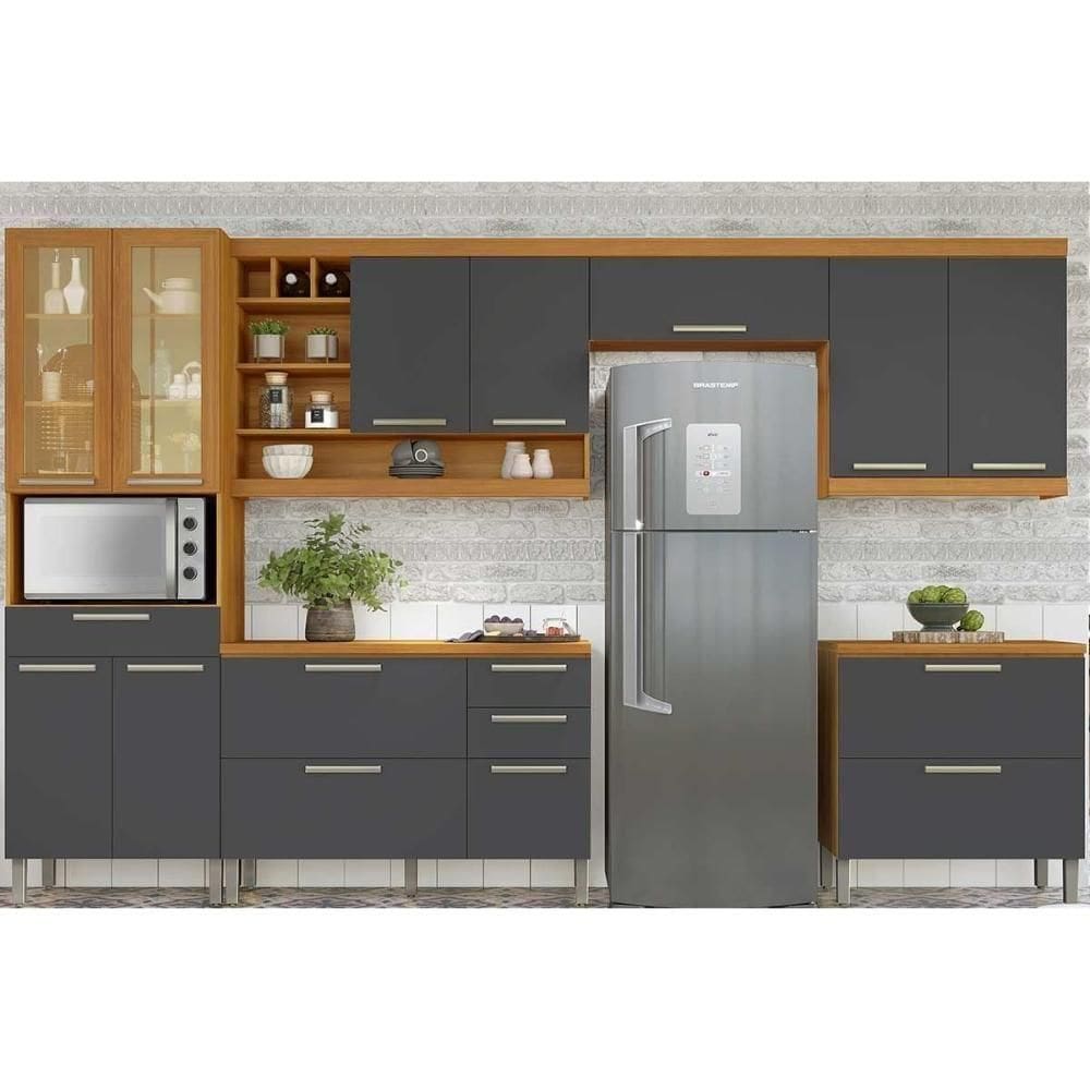 Kit Cozinha Modulada 6 Peças Burguesa Premium 3 Aéreos + 2 Balcões + 1 Paneleiro C6p57 Freijó Grafite