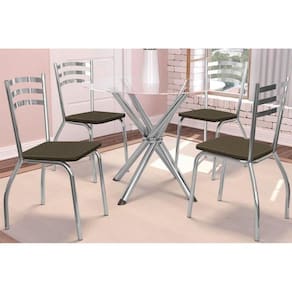 Sala De Jantar Volga Com Tampo De Vidro 95cm E 4 Cadeiras Portugal Cromada Marrom