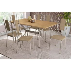 Conjunto Mesa De Cozinha Loire Tampo Madeirado 90x160cm E 6 Cadeiras Lisboa Niquel Nogueira Capuccino Kappesberg