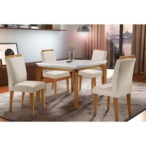 Conjunto Mesa De Cozinha Londrina Tampo Madeirado Com Vidro 120x80cm E 4 Cadeiras Athenas Capuccino Suede Creme Rufato