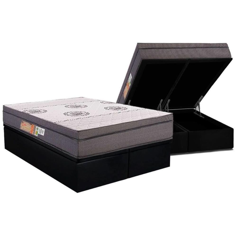 Cama Box Baú Queen: Colchão Anatômico Polar D28 Orthopremium Grey + Base Crc Suede Black (158x198)