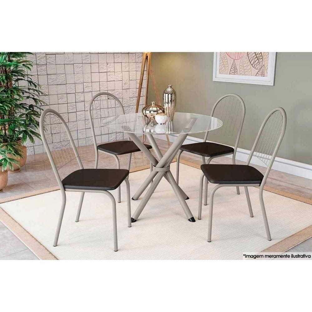 Conjunto Mesa De Cozinha Volga Com Tampo De Vidro 95x95cm E 4 Cadeiras Noruega Niquel Preto Kappesberg